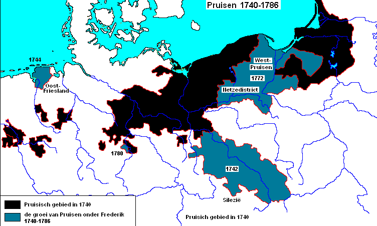 Annexions de la Prusse sous Frdric II - la Silsie en 1742 - la Frise orientale en 1744 - la Prusse royale avec le district de Netze lors du premier partage de la Pologne en 1772 -Mansfeld en 1780